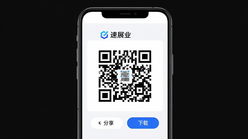 主体为速展业软件生成店铺二维码的操作界面,布局为手机屏幕居中,二维码图案清晰可见,风格为简洁实用风,细节包括二维码旁的“速展业”标识、分享按钮、下载按钮,画质高清,干净,无多余元素。