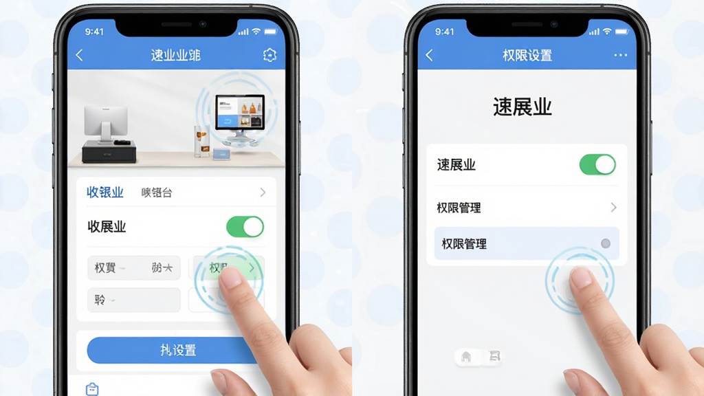 主体为速展业软件在手机上的操作界面与设置页面,布局为左右分屏,左侧显示收银台,右侧显示权限设置,风格为清晰教程风,细节包括手指点击屏幕的示意、权限开关按钮、文字“速展业”“权限管理”,画质高清,干净,无多余元素。