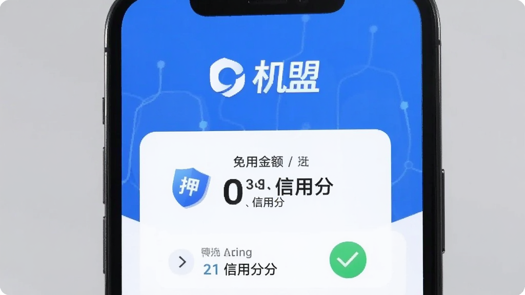 主体为手机屏幕显示信用免押通过界面,布局为居中构图上方显示“机盟”标识下方展示免押金额与信用分,排版简洁纵向排列,风格为金融科技蓝色调,细节包括盾牌图标与对勾标记,画质清晰干净无多余元素