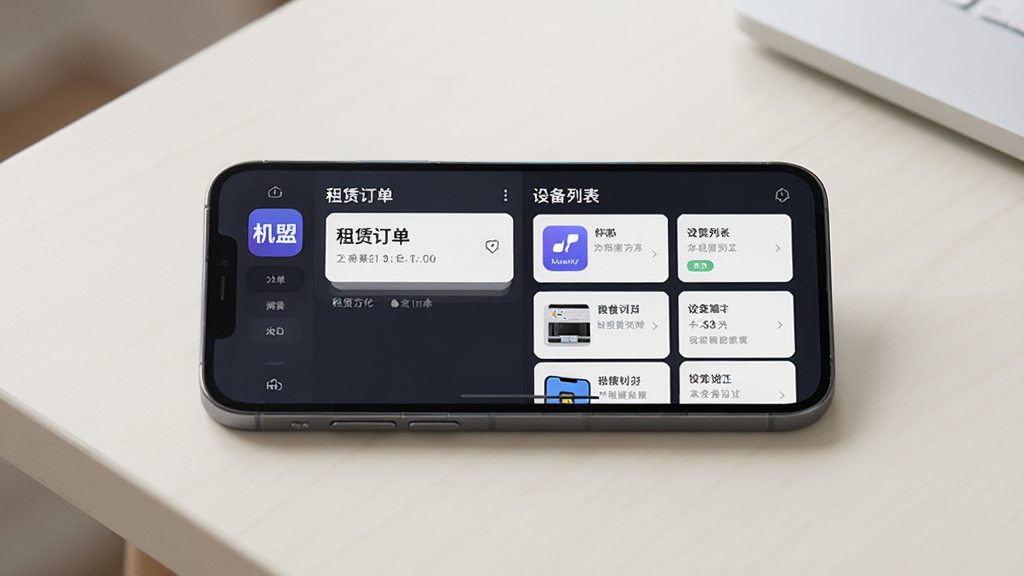 主体为一部智能手机屏幕展示机盟应用界面,布局为手机居中放置于浅色桌面,排版采用左右分栏展示租赁订单与设备列表,风格为现代科技简约风,细节包括屏幕内显示“机盟”应用图标与租赁方案卡片,画质高清干净无多余元素