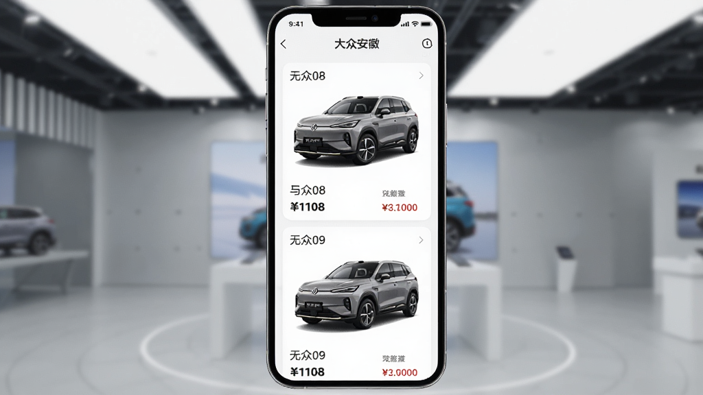 一张大众安徽App车型展示页面的生图,画面中手机屏幕显示大众安徽车型列表,包含与众08和与众09的车辆图片与价格信息,背景为浅灰色展厅风格,主体为手机和车型界面,布局为居中展示,排版简洁,风格为现代科技感,细节包括屏幕上的“大众安徽”字样和车辆外观,画质高清,干净,无多余元素
