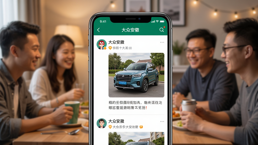 一张大众安徽App社区互动页面的生图,画面中手机屏幕显示社区帖子列表,包含用户分享的车辆照片和文字,背景为温馨的车主聚会场景,主体为手机和社区界面,布局为居中,排版活泼,风格为社交生活风,细节包括屏幕上的“大众安徽”和用户头像,画质高清,干净,无多余元素