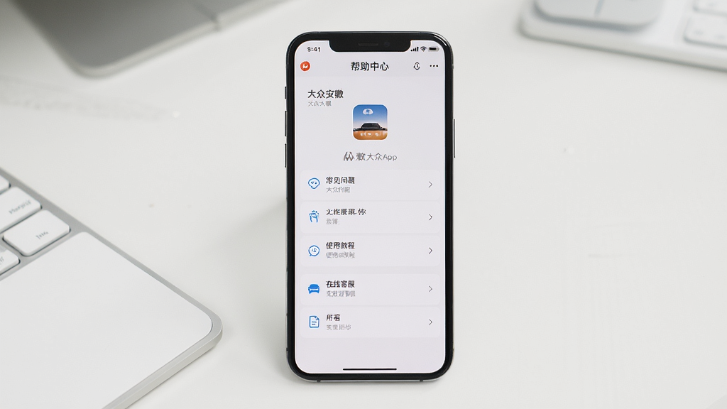 一张展示大众安徽App帮助中心页面的生图,画面中手机屏幕显示帮助中心列表,包含常见问题、使用教程、在线客服等选项,背景为简洁的白色办公桌面,主体为手机和帮助界面,布局为居中,排版清晰,风格为简约实用风,细节包括屏幕上的“大众安徽”和帮助图标,画质高清,干净,无多余元素