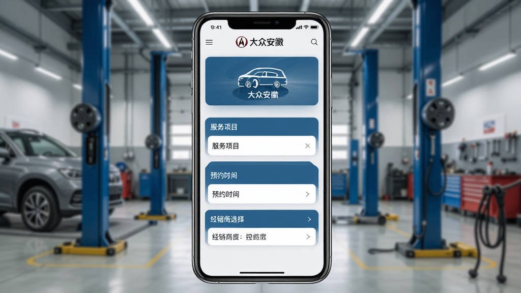 一张大众安徽App售后服务页面的生图,画面中手机屏幕显示预约维保界面,包含服务项目、预约时间、经销商选择等选项,背景为汽车维修车间,主体为手机和服务界面,布局为居中,排版规整,风格为专业服务风,细节包括屏幕上的“大众安徽”和车辆图标,画质高清,干净,无多余元素