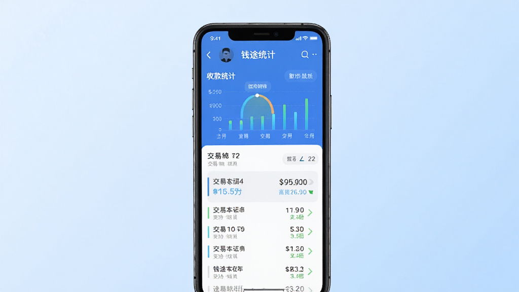 钱途Plus软件主界面展示,画面中央是手机屏幕,屏幕内显示收款统计图表与交易记录列表,背景为简洁的浅蓝色渐变,风格现代商务,细节清晰,画质干净,无多余元素