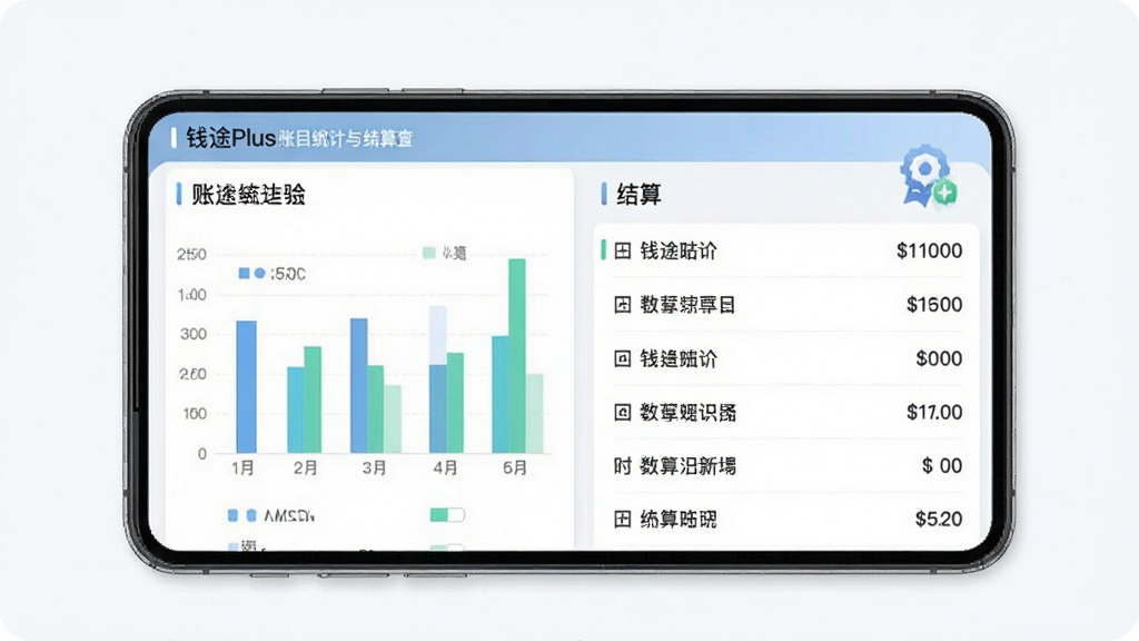 钱途Plus账目统计与结算查询界面,手机屏幕显示柱状图与结算列表,配色清新,布局规整,风格简约商务,画质干净无杂乱元素