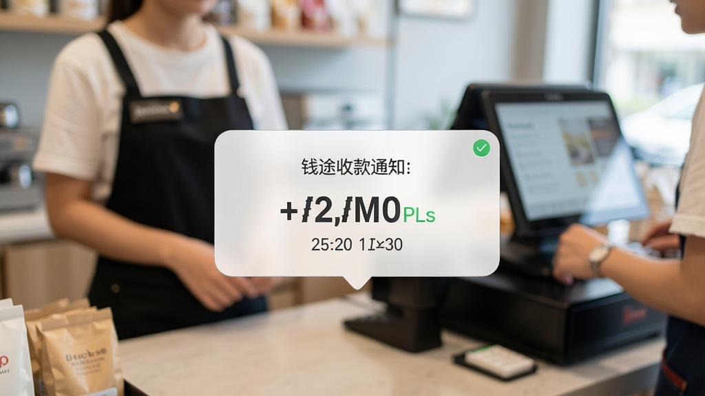 钱途Plus实时收款通知功能展示,手机屏幕弹出收款到账提醒气泡,显示金额数字与时间信息,背景为商户收银场景,风格写实,细节丰富,画质清晰干净