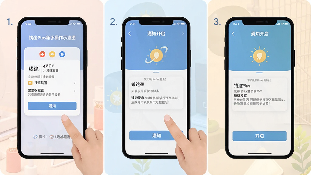 钱途Plus新手操作示意图,手机屏幕展示安装权限设置与通知开启步骤,画面分为三格分步展示,风格扁平化,配色柔和,细节清晰,画质干净