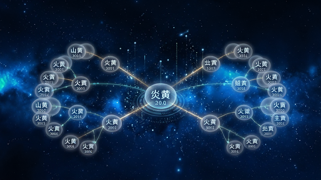 炎黄儿女数字家谱自动生成功能展示,画面主体为悬浮在空中的半透明家族树状图,每个节点显示姓名与辈分,背景为深蓝色科技感星空,布局采用中心放射状,风格为未来科技风,细节包括发光连线、数据粒子、柔和光晕,画质高清,干净,无多余元素