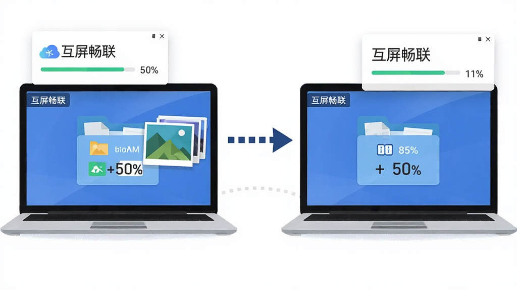 两台笔记本电脑并排,中间有一条虚线箭头,一台电脑文件夹中的图片正飞向另一台电脑的文件夹,屏幕角落显示“互屏畅联”悬浮窗,显示传输进度条;布局为左右两台电脑,中间动态箭头;风格为扁平化办公插画,细节包括文件图标、进度百分比、速度数值;画质清晰,干净,无多余元素