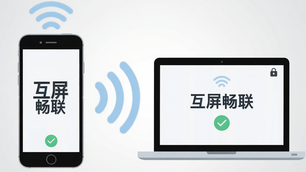 画面中央放置一部智能手机和一台笔记本电脑,两者之间用淡蓝色无线信号波纹相连,手机屏幕显示“互屏畅联”文字,电脑屏幕同步显示相同画面;布局为左右对称,背景是简洁的浅灰色渐变;风格为扁平化科技插画,细节包括信号图标、连接成功对勾、小锁安全图标;画质清晰,干净,无多余元素