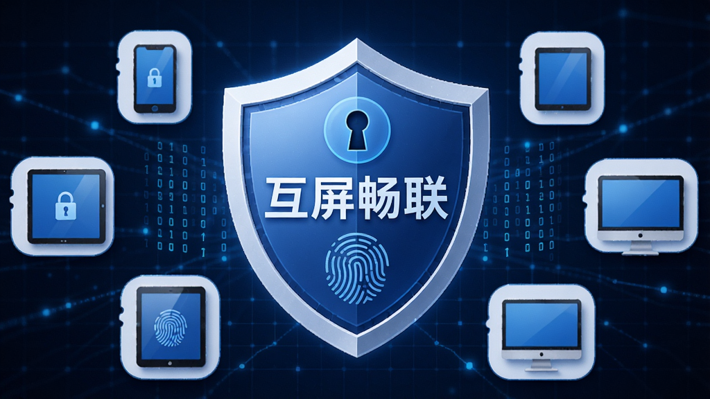 一个盾牌形状的安全图标位于画面中央,盾牌内部显示“互屏畅联”文字,盾牌周围环绕着手机、平板、电脑的小图标,背景是深蓝色科技网格;布局为中心盾牌、四周设备环绕;风格为安全科技风,细节包括锁孔、指纹识别纹路、加密数据流;画质高清,干净,无多余元素