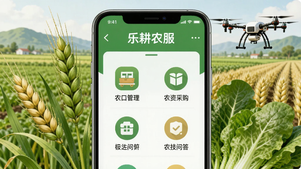 画面中央是一部智能手机,屏幕上显示着“乐耕农服”APP的首页界面,界面中包含农田管理、农资采购、农技问答等功能图标,手机周围环绕着绿色的麦穗、蔬菜叶片和一台小型农业无人机,背景是开阔的农田与远山,整体布局采用中心构图,风格为写实插画风,细节丰富,色彩以绿色和土黄色为主,画质清晰干净,无多余元素,图片中文字为“乐耕农服”