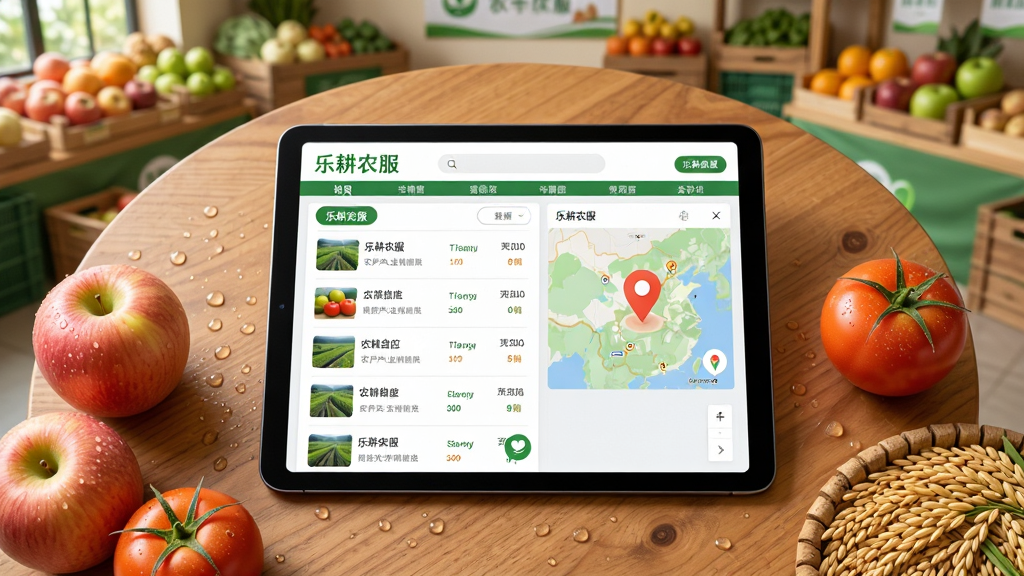 画面中央是一张木质圆桌,桌上摆放着“乐耕农服”APP的平板电脑界面,界面展示着农产品供应信息列表和地图定位图标,桌子周围有新鲜的苹果、番茄和稻谷样本,背景是温馨的农产品展销厅,布局采用俯视角度构图,风格为写实摄影风,细节包括水果表面的水珠和木桌纹理,画质高清干净,无多余元素,图片中文字为“乐耕农服”