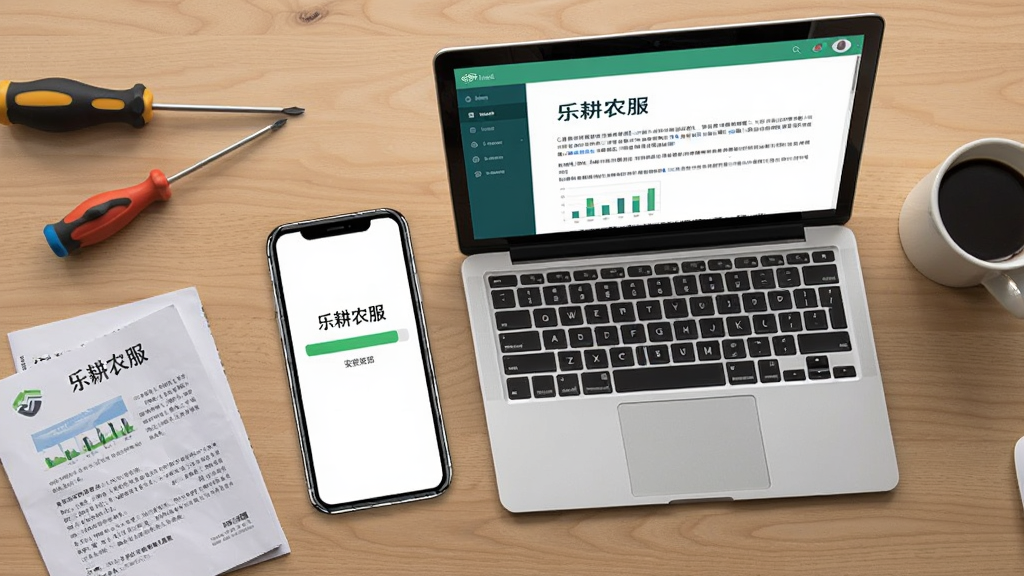画面中央是一部手机和一台笔记本电脑并排摆放,手机屏幕上显示“乐耕农服”APP的安装进度条,电脑屏幕上显示着帮助文档页面,周围散落着螺丝刀、说明书和一杯咖啡,背景是整洁的办公桌面,布局采用平铺俯拍构图,风格为简约科技风,细节包括手机边框的反光和桌面木纹,画质清晰干净,无多余元素,图片中文字为“乐耕农服”
