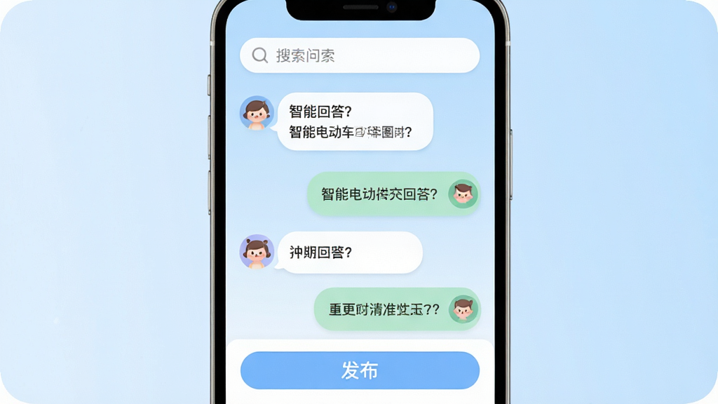 手机屏幕显示智能电动车科普的社区问答页面,页面中有多个用户提问与回答气泡,顶部有搜索框,底部有发布按钮,背景为淡蓝色渐变,整体风格清新简约,图标圆润可爱,布局清晰,画质干净,无多余元素