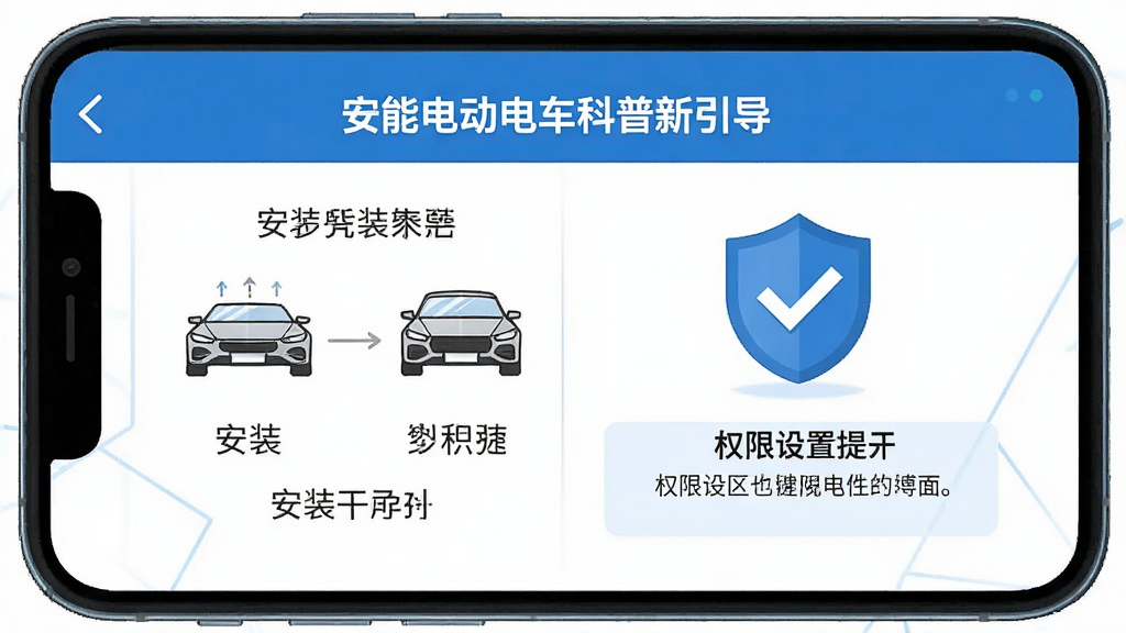 手机屏幕显示智能电动车科普的新手引导页面,页面中有安装步骤图示和权限设置提示,画面中有盾牌图标和勾选标记,整体采用安全提示风格,蓝白色调,布局清晰明了,画质干净,无多余元素
