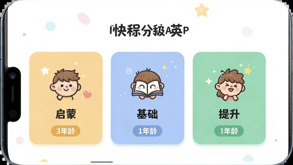 快乐英学APP内课程分级界面,画面展示手机屏幕中三个不同颜色的课程卡片分别标注启蒙、基础、提升,卡片上有对应的卡通图标和年龄标签,布局为居中排列,风格为简约卡通风,细节包括柔和的色彩和清晰的文字,画质高清干净,无多余元素