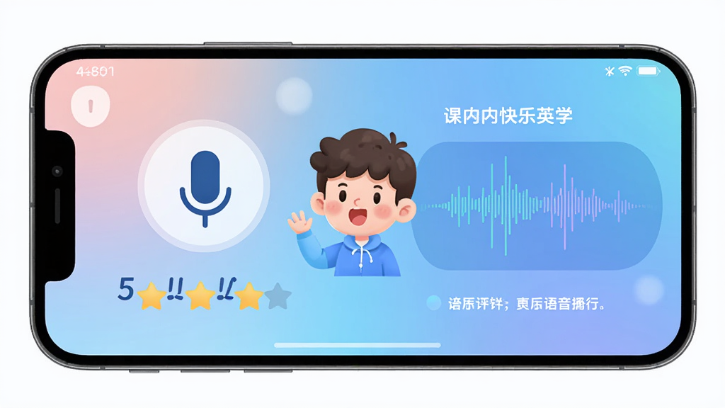 快乐英学APP内语音评测功能界面,画面展示手机屏幕中麦克风图标和发音评分星星,屏幕中有卡通人物正在说话,旁边显示发音波形图和鼓励文字,布局为居中展示,风格为清新科技卡通风,细节包括柔和的渐变背景和清晰的评分数字,画质高清干净,无多余元素