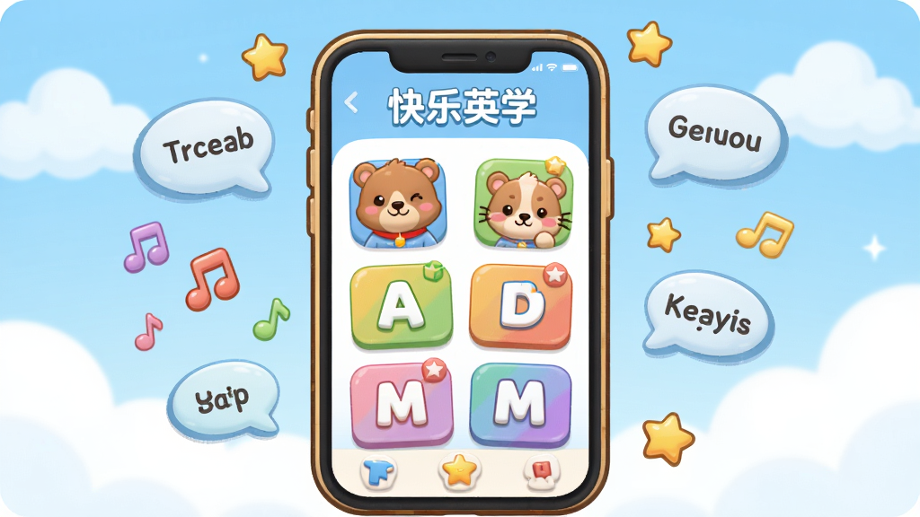 一张展示快乐英学软件界面的插画,画面中央是卡通风格的手机屏幕,屏幕内显示快乐英学APP的主界面,有可爱的动物角色和色彩鲜艳的字母卡片,屏幕周围环绕着音符、星星和英语单词气泡,背景是柔和的蓝天白云,整体布局为居中构图,风格为清新卡通风,细节包括圆润的图标和明快的配色,画质高清干净,无多余元素