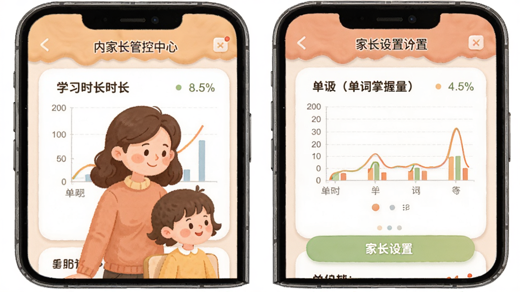快乐英学APP内家长管控中心界面,画面展示手机屏幕中学习报告图表和家长设置选项,图表显示学习时长和单词掌握量,屏幕中有卡通家长和孩子形象,布局为居中构图,风格为温馨家庭卡通风,细节包括柔和的暖色调和清晰的图表数据,画质高清干净,无多余元素