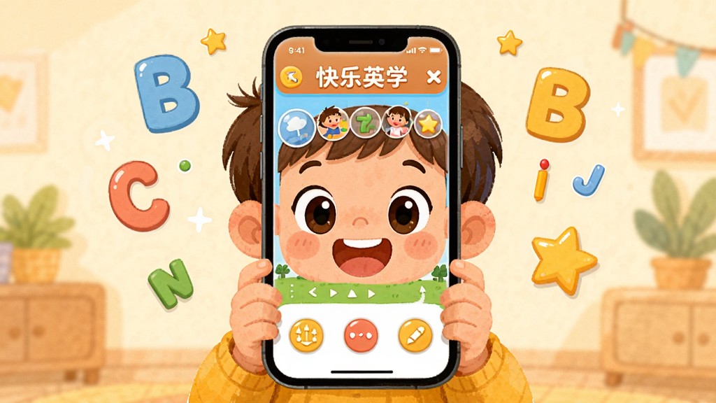 快乐英学APP在手机上的使用场景插画,画面展示一个孩子拿着手机开心地学习英语,手机屏幕显示快乐英学APP的动画课程界面,周围有字母和星星装饰,布局为居中构图,风格为温馨卡通风,细节包括明亮的色彩和清晰的学习界面,画质高清干净,无多余元素