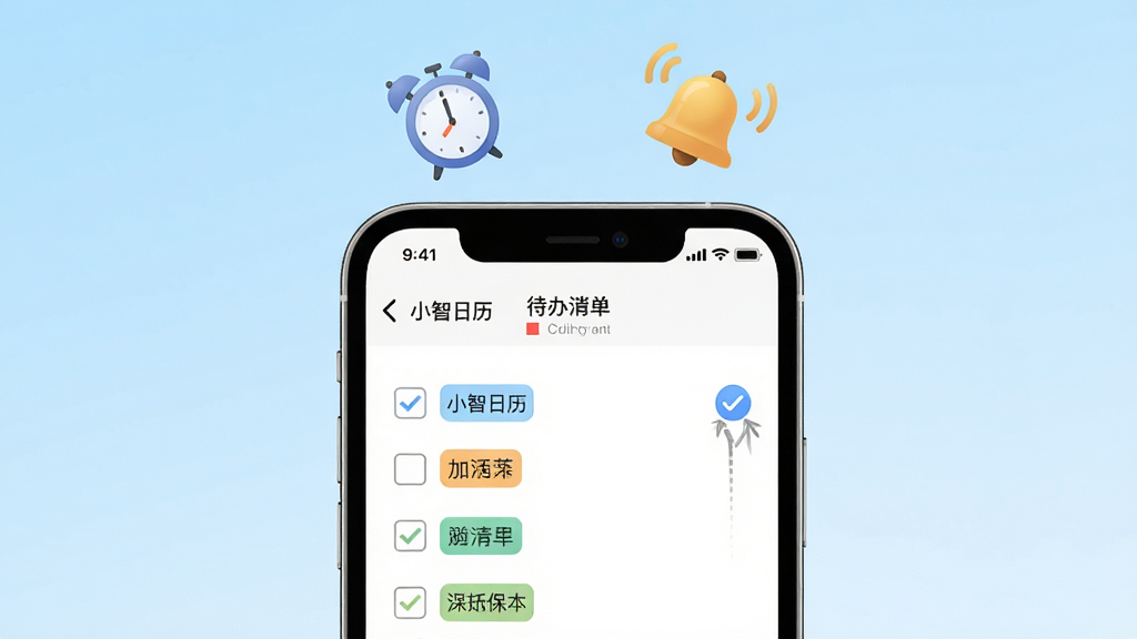 一部手机屏幕特写,屏幕上显示小智日历的待办清单页面,清单项旁边有勾选框和彩色标签,手机上方漂浮着闹钟和铃铛图标,背景为浅蓝色渐变,布局为手机居中,风格清新明快,细节包含“小智日历”字样、清晰的文字条目和打勾动画感,画质高清,干净无杂物