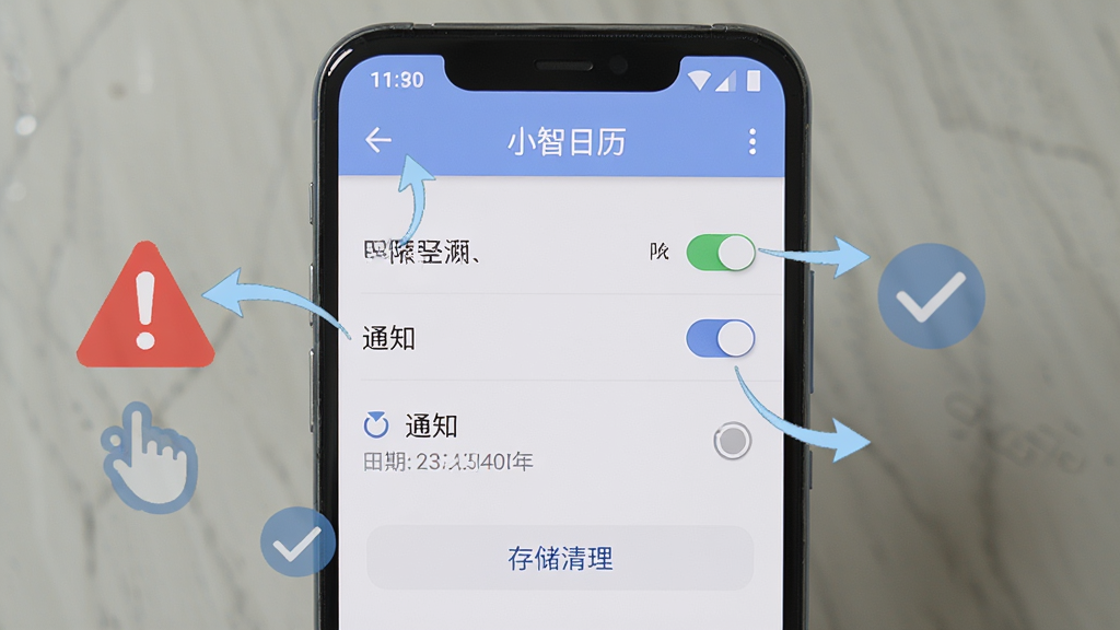 一部安卓手机屏幕显示小智日历的设置页面,页面上有权限开关、通知选项和存储清理按钮,旁边有红色警告标志和蓝色对勾图标,布局为手机正面居中,风格为教程说明图,细节包含“小智日历”文字、清晰的设置项和手势指示箭头,画质高清,画面干净无杂乱
