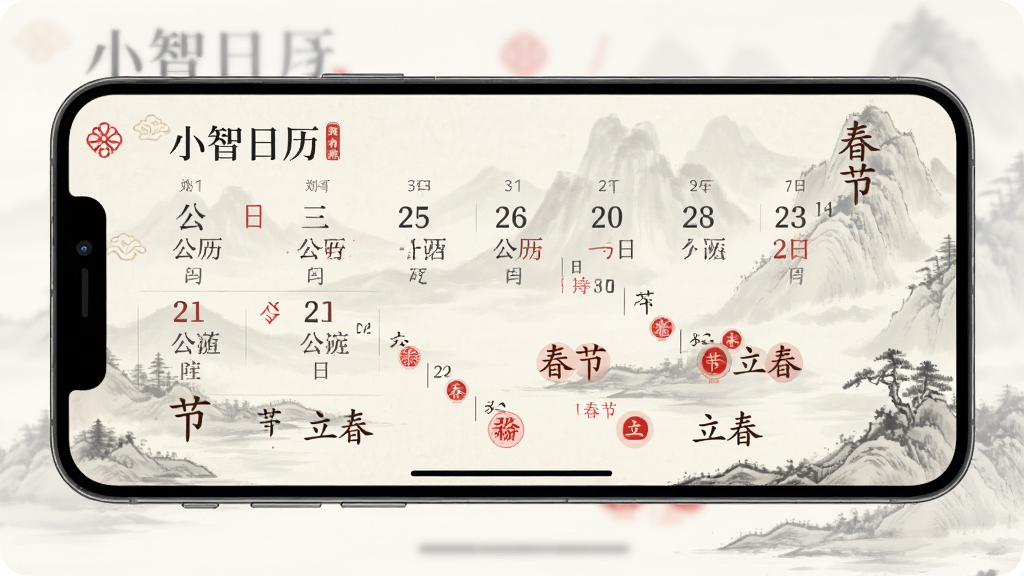 手机屏幕显示小智日历的日历详情页,页面上同时标注公历日期、农历日期和“春节”“立春”等节气文字,旁边有红色节假日标记,背景为中国风淡雅水墨,布局为手机侧放,风格传统与现代结合,细节包含“小智日历”标题、清晰的农历文字和节日图标,画质高清,无杂乱元素