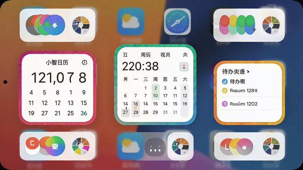 手机桌面俯视图,桌面上放置了三个不同尺寸的小智日历小组件,分别显示日期、周视图和待办列表,小组件周围有自定义颜色选择器和调色盘图标,布局为桌面平铺,风格为个性化定制感,细节包含“小智日历”文字、多彩小组件边框和桌面图标,画质清晰,画面整洁