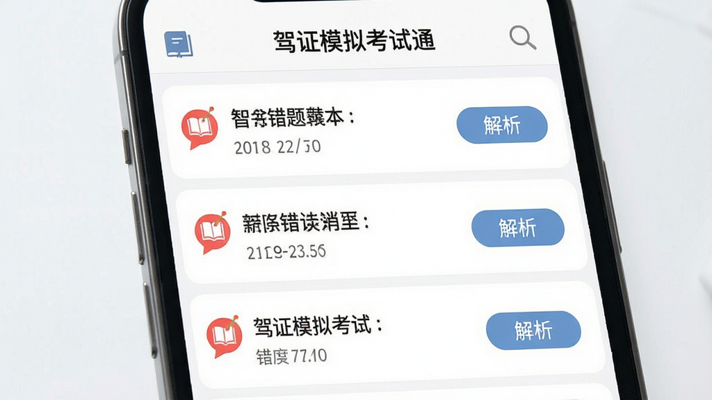 一张展示手机应用界面的图片,界面标题为“驾证模拟考试通”的智能错题本页面,页面列表显示多道错题及其错误次数,左侧有红色标记,右侧有解析按钮,排版为垂直列表,风格为清新简约风,细节包含书本图标和放大镜图标,画质高清,干净,无多余元素