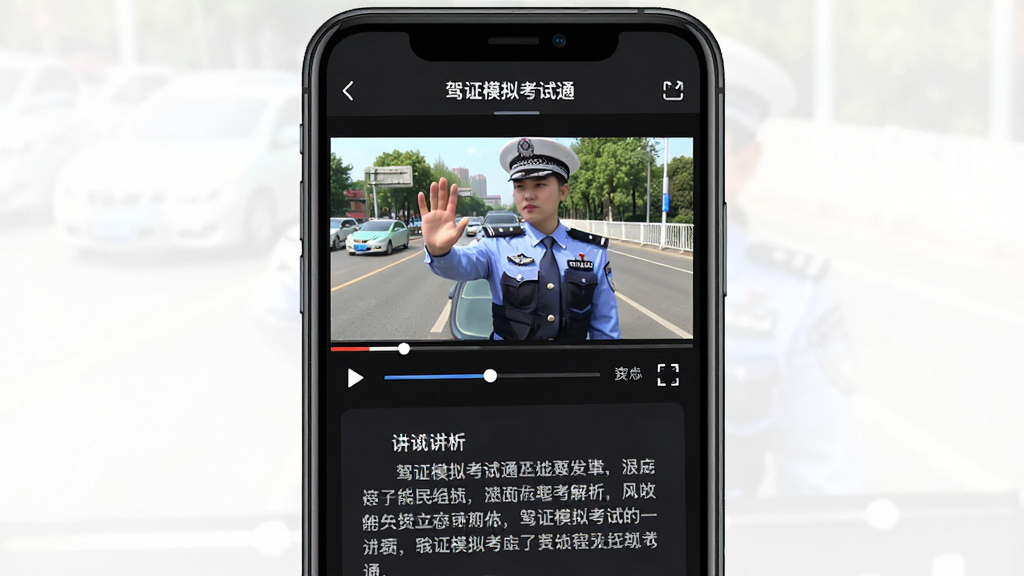 一张展示手机屏幕的图片,屏幕显示“驾证模拟考试通”的视频讲解页面,视频播放器正在播放交警手势解析,下方有文字讲义,背景为深色模式,风格为现代科技感,细节包含播放进度条和全屏按钮,画质清晰,干净,无多余元素