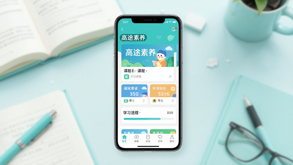 画面中央展示一部智能手机,屏幕内呈现高途素养App的主界面,包含课程卡片、学习进度条与底部导航栏,背景为柔和的书本与文具元素,整体采用清新明亮的蓝绿色调,布局上手机居于画面正中,四周留白干净,风格为现代扁平化UI展示,细节上屏幕内文字清晰可见“高途素养”字样,画质为高清2K,干净无多余元素。