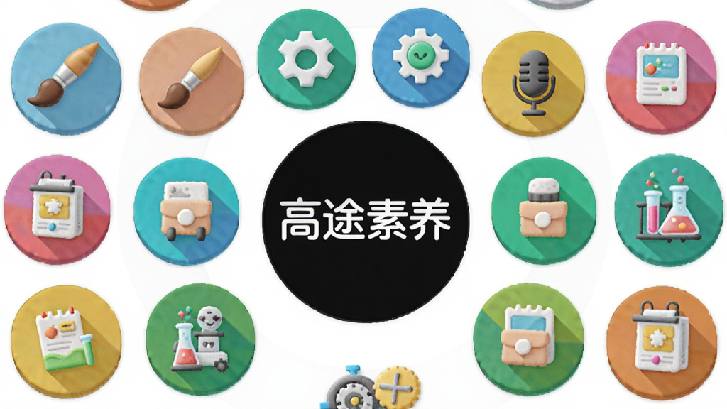 画面主体为一个圆形课程图标矩阵,每个图标代表不同素养课程类别,如画笔代表美术、齿轮代表编程、话筒代表口才、试管代表科学实验,布局上图标以同心圆方式排列,中央放置“高途素养”Logo,风格为简约矢量图标风,细节上每个图标色彩鲜明且带轻微立体感,画质高清,干净无多余元素。