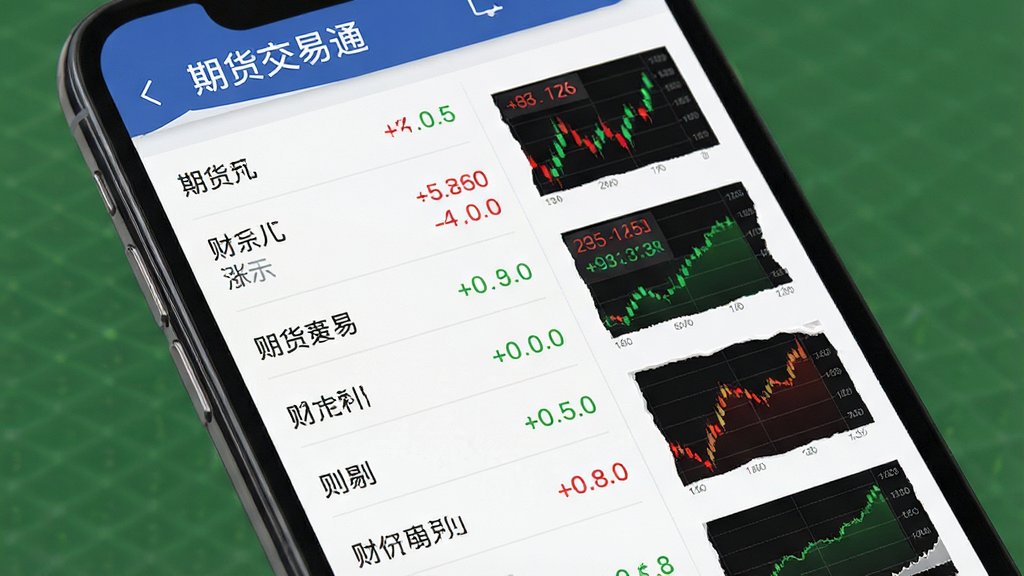 一张展示期货交易通APP行情列表界面的图片,画面主体为手机屏幕,屏幕中显示“期货交易通”软件名称,界面列出多个期货品种名称与涨跌数据,包含红绿数字、迷你走势图,布局为垂直列表,风格简洁商务,细节清晰,画质高清,干净,无多余元素