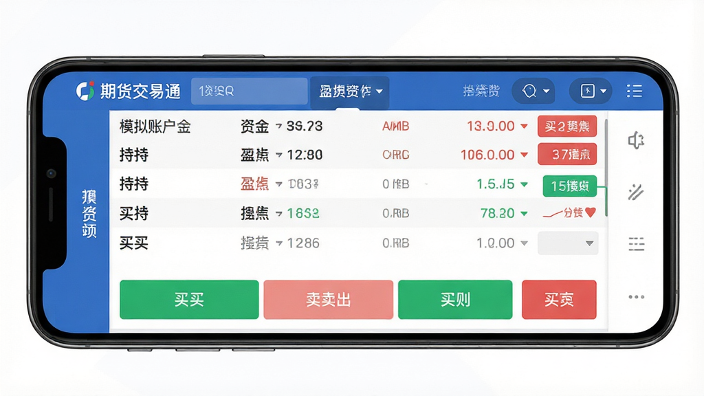 一张展示期货交易通APP模拟交易界面的图片,画面主体为手机屏幕,屏幕中显示“期货交易通”软件名称,界面包含模拟账户资金、持仓列表、买入卖出操作按钮,布局清晰,风格现代金融,细节包含盈亏数字与操作提示,画质高清,干净,无多余元素