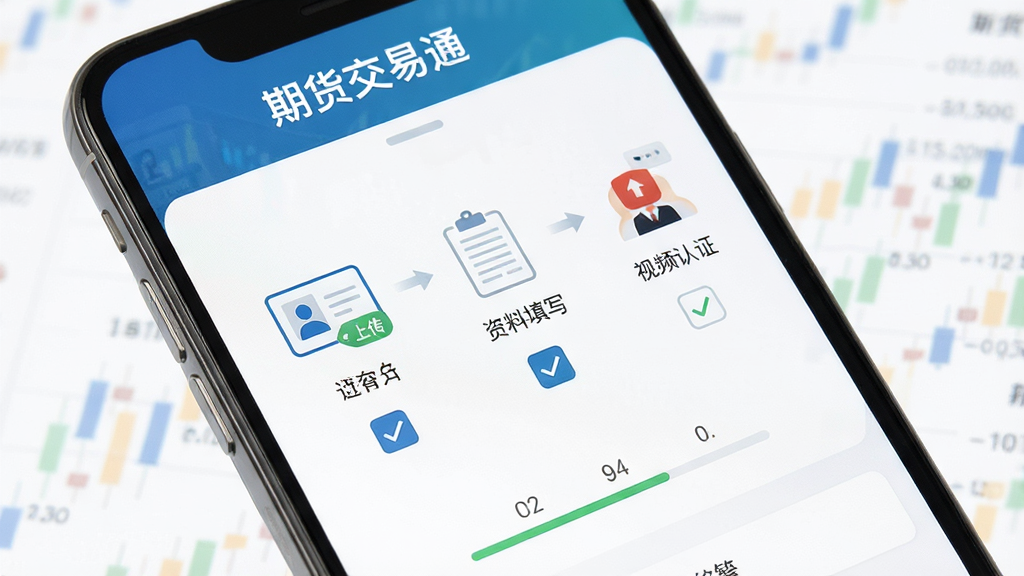 一张展示期货交易通APP在线开户流程界面的图片,画面主体为手机屏幕,屏幕中显示“期货交易通”软件名称,界面包含身份证上传、资料填写、视频认证等步骤图标,布局为分步引导式,风格简洁正式,细节包含勾选按钮与进度提示,画质高清,干净,无多余元素