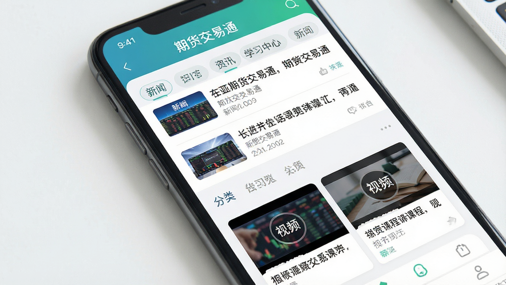 一张展示期货交易通APP资讯与学习中心界面的图片,画面主体为手机屏幕,屏幕中显示“期货交易通”软件名称,界面包含新闻列表、视频课程卡片、分类标签,布局为信息流形式,风格清新阅读风,细节包含缩略图与标题文字,画质高清,干净,无多余元素