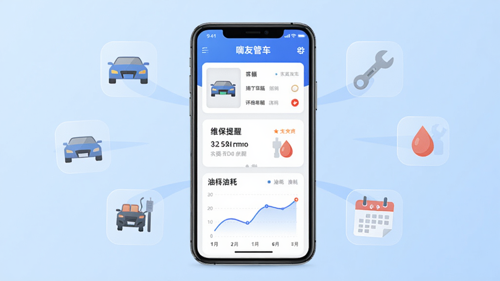 画面中央是一部智能手机,屏幕上显示“嘀友管车”应用主界面,界面中有车辆列表、维保提醒卡片和油耗曲线图,手机周围环绕着半透明的车辆图标、扳手、油滴、日历等元素,背景为浅蓝色渐变,整体采用扁平化科技风格,布局居中对称,细节清晰,画质干净,无多余元素,适合软件下载站展示