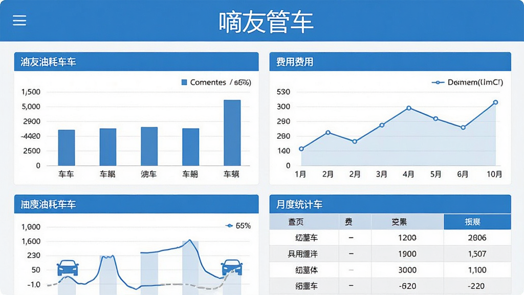 画面为一张简洁的数据看板,标题处写有“嘀友管车”字样,看板中包含多辆车的油耗柱状图、费用折线图和月度统计表格,背景为白色,配色以蓝色和灰色为主,风格商务简洁,布局规整,细节清晰,画质干净,无多余元素