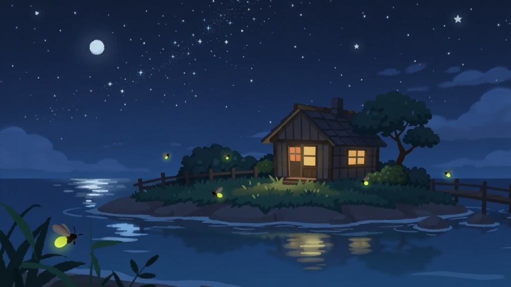 夜晚的岛屿场景,深蓝色天空中布满星星,岛上的小木屋窗户透出暖黄色灯光,几只萤火虫在草丛间飞舞,海面倒映着月光,整体风格为静谧治愈的插画,色彩偏冷但灯光温暖,构图安静,画质细腻干净,画面中没有文字