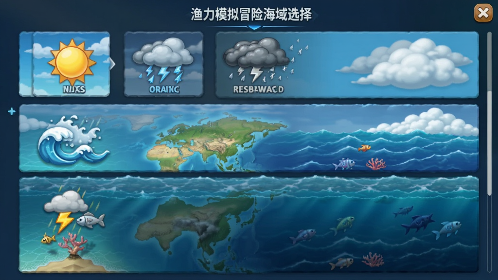 渔力全开模拟冒险海域选择界面,显示晴天、雨天、暴风雨等不同天气图标,海域地图从浅滩到深海分层展示,布局为纵向滚动列表,风格写实与卡通结合,细节包括海浪纹理和云层变化,画质高清,干净,无多余元素