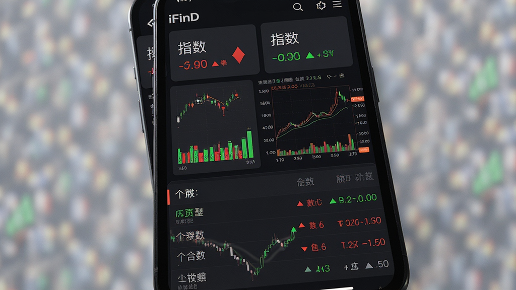 同花顺iFinD专业行情数据界面展示,主体为手机屏幕显示多市场行情列表与分时图,布局为上下结构,上方为指数卡片下方为个股列表,风格为深色专业金融风,细节包括红绿数字、涨跌幅箭头、成交量柱状图,画质高清,干净,无多余元素