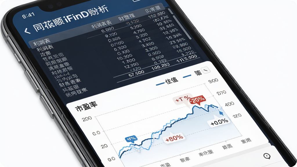 同花顺iFinD财务分析功能展示,主体为手机屏幕显示财务报表与估值图表,布局为分栏式,上方为利润表下方为市盈率走势图,风格为清爽商务风,细节包括数据表格、折线图、百分比标注,画质高清,干净,无多余元素