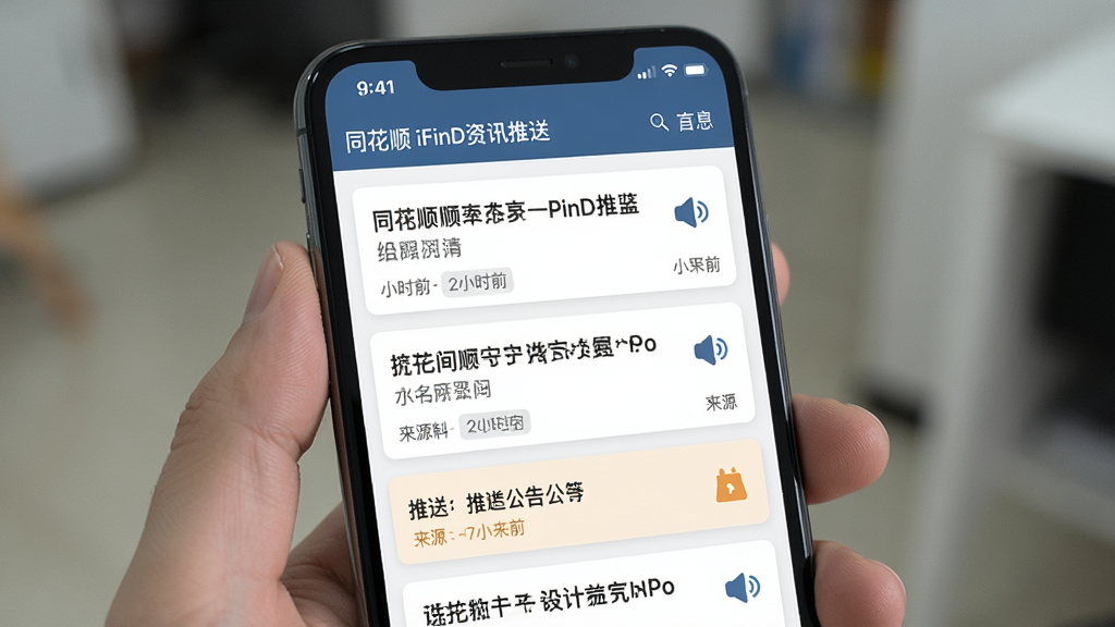 同花顺iFinD资讯推送界面展示,主体为手机屏幕显示新闻列表与公告提醒,布局为卡片式流,风格为简洁阅读风,细节包括标题文字、时间戳、来源标签、推送图标,画质高清,干净,无多余元素