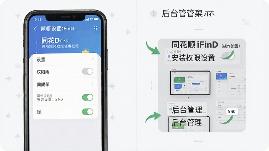 同花顺iFinD移动端使用教程示意图,主体为手机屏幕展示安装权限设置与后台管理界面,布局为左右分栏,左侧为设置菜单右侧为操作提示,风格为扁平化教程风,细节包括开关按钮、文字标注、箭头指引,画质高清,干净,无多余元素