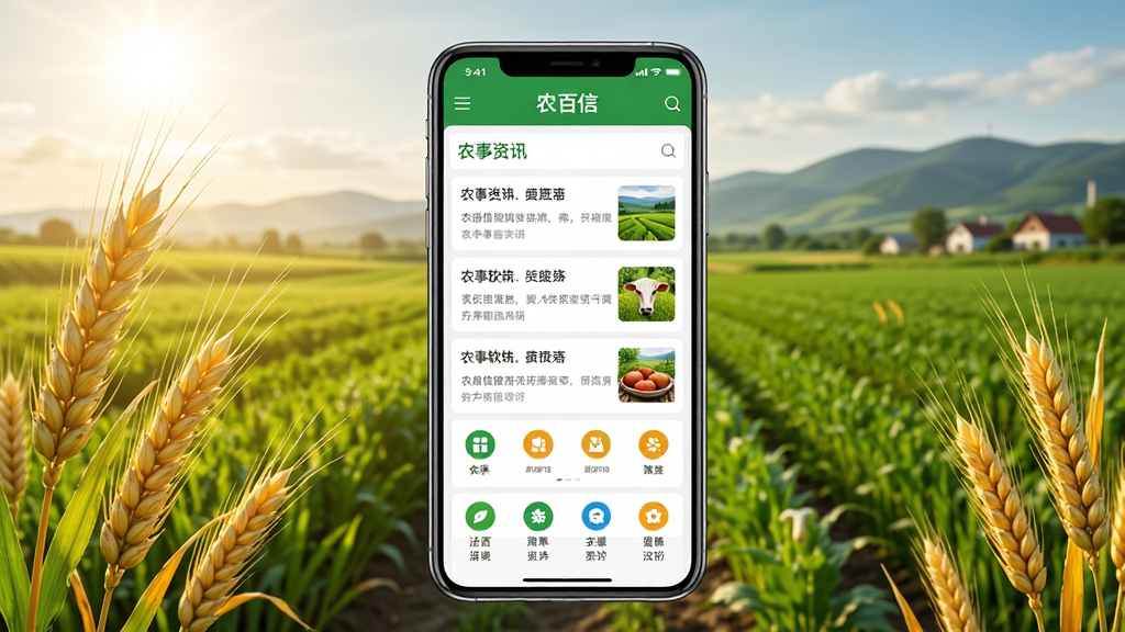 农佰信软件主界面展示,画面中央放置一部智能手机,手机屏幕上呈现农佰信应用首页,包含农事资讯列表和功能图标,背景为田园风光与绿色农田,布局左右对称,风格清新自然,细节包含麦穗、阳光和远山,画质清晰,干净,无多余元素