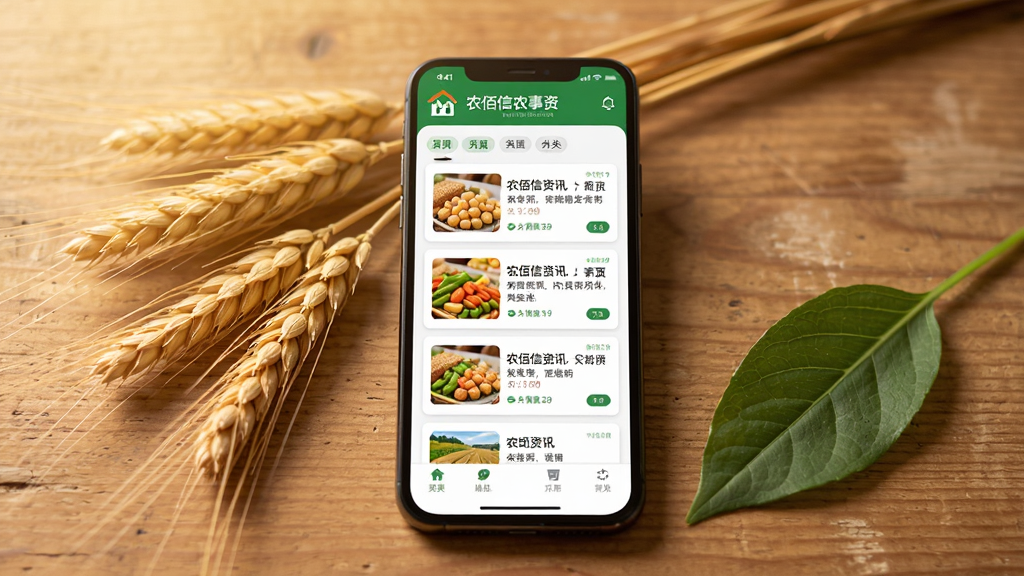 农佰信农事资讯页面,画面中一部手机放置在木质桌面上,屏幕显示农佰信资讯列表,旁边散落几穗小麦和一片绿叶,布局居中,风格写实温暖,细节包含资讯卡片和分类标签,画质清晰,干净,无多余元素