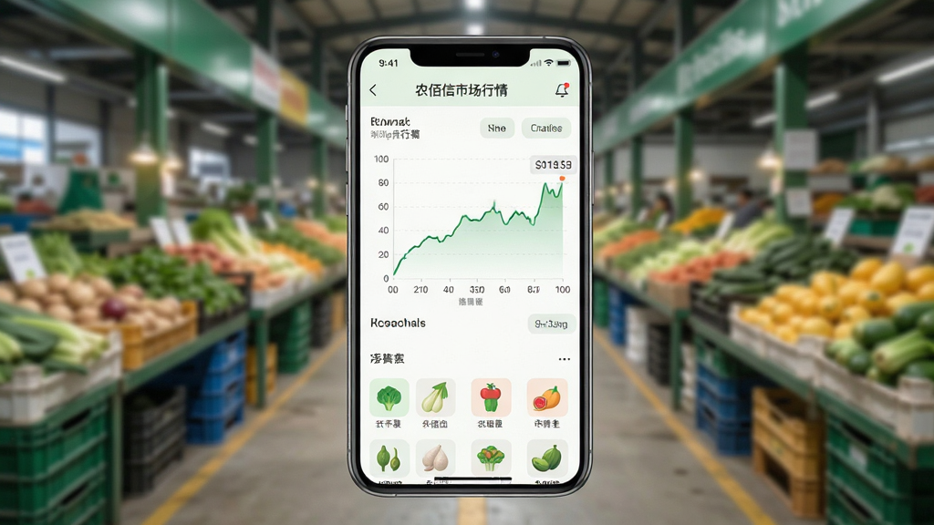 农佰信市场行情页面,画面中手机屏幕显示价格走势折线图与农产品列表,背景为农产品批发市场,布局上下结构,风格现代简洁,细节包含图表坐标轴和品类图标,画质清晰,干净,无多余元素
