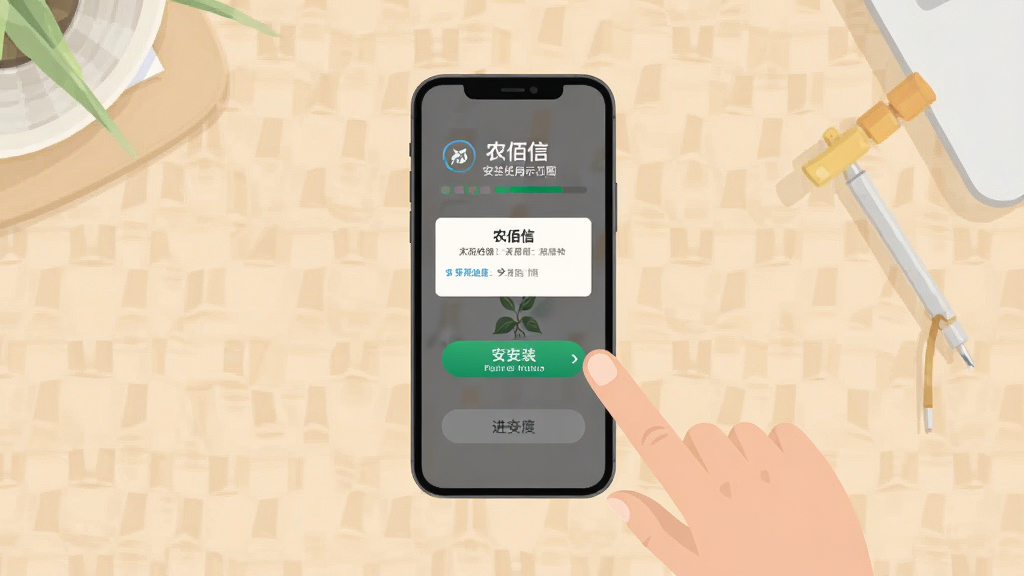 农佰信安装使用示意图,画面中一部手机展示安装进度条,旁边有手指点击屏幕的示意,背景为简洁的浅色桌面,布局居中,风格扁平化,细节包含安装按钮和权限弹窗,画质清晰,干净,无多余元素